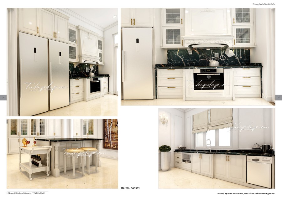 Thiết kế phòng bếp biệt thự tân cổ điển màu trắng